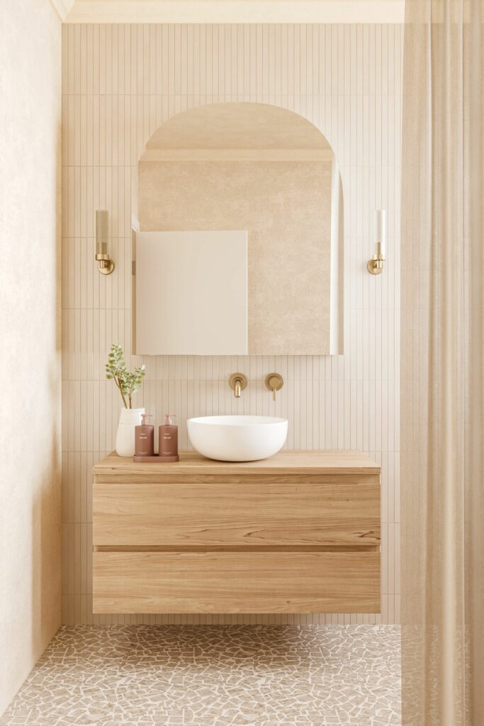 Een badkamer in beige tinten met een retro touch