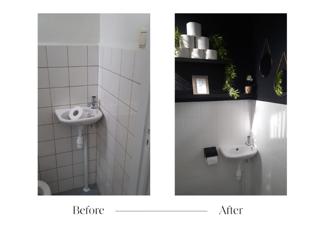 Before en after van een badkamer make-over in een huurhuis