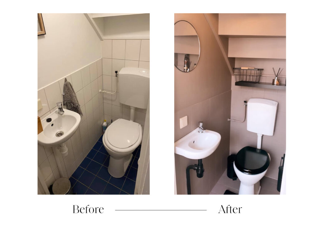 Before en after van een wc make-over in een huurhuis